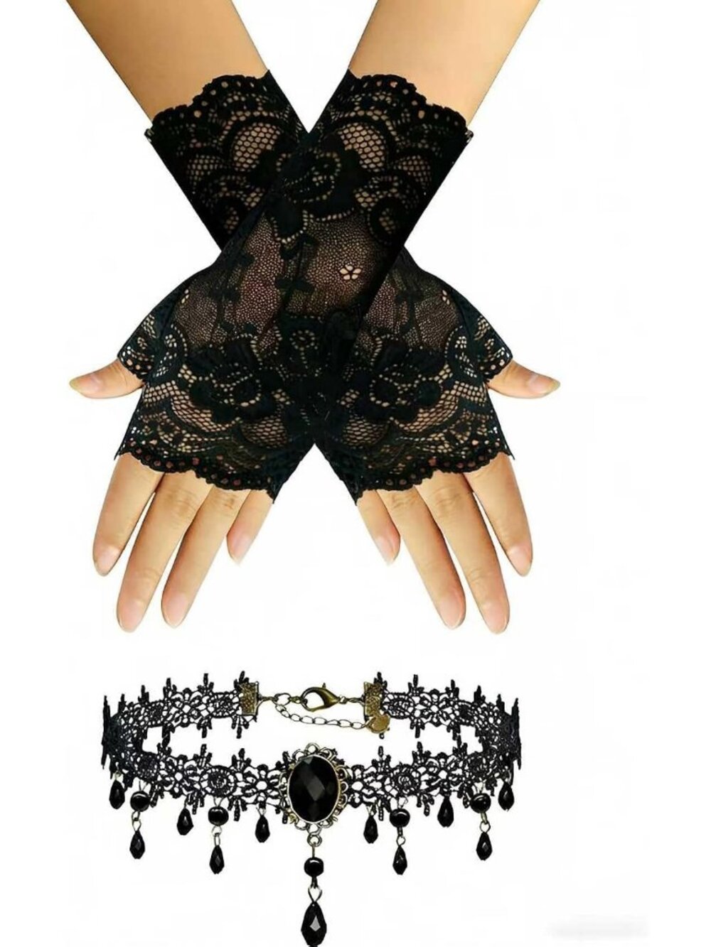 Women's Gothic Lace Fingerless Gloves & Velvet Choker Halloween Set